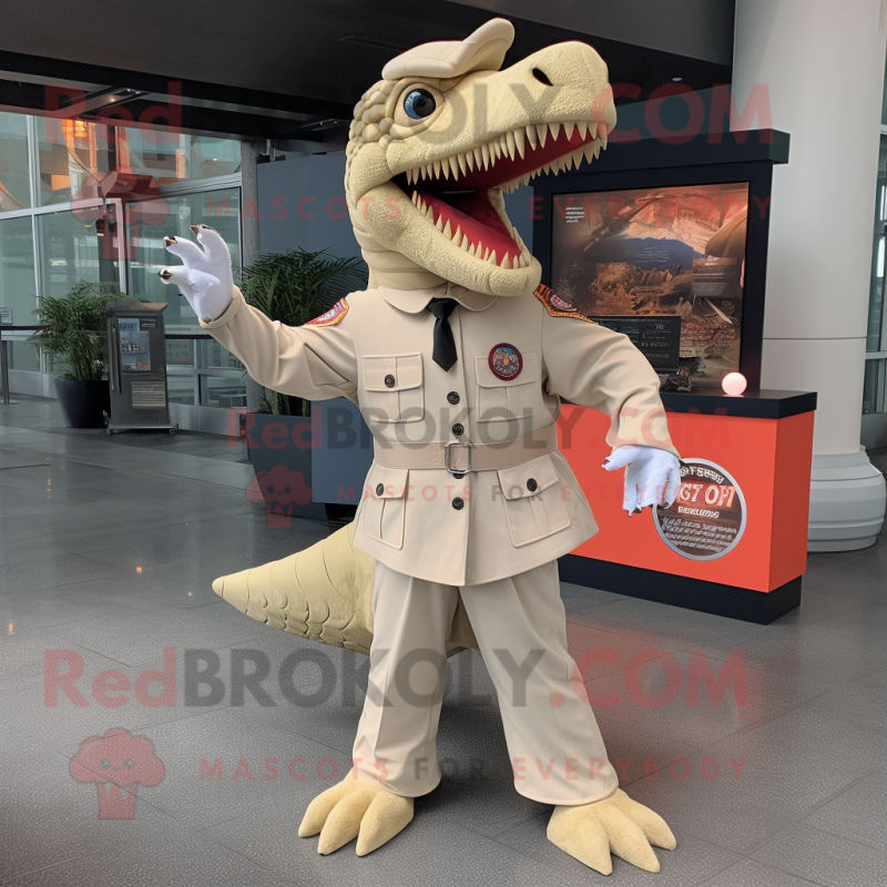 Cream Spinosaurus mascot costume character dressed with a Jumpsuit and Lapel pins Cream Spinosaurus mascot costume character dressed with a Jumpsuit and Lapel pins