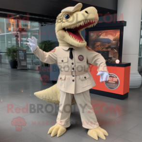 Cream Spinosaurus mascot costume character dressed with a Jumpsuit and Lapel pins