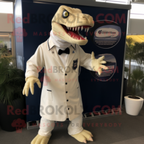 Cream Spinosaurus mascot costume character dressed with a Jumpsuit and Lapel pins