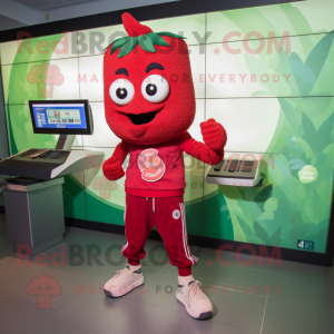 Red Raspberry mascot costume character dressed with a Joggers and Watches