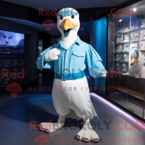 Maskotkarakter af en cyan...