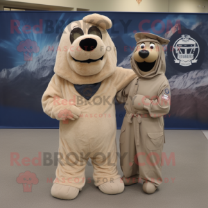 Beige Navy Seal mascot costume character dressed with a Blouse and Wraps