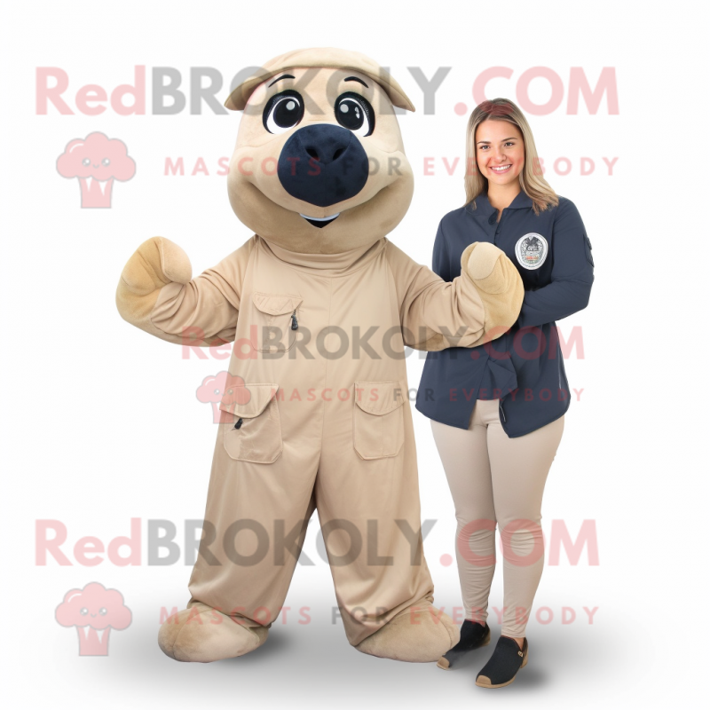 Beige Navy Seal mascot costume character dressed with a Blouse and Wraps Beige Navy Seal mascot costume character dressed with a Blouse and Wraps
