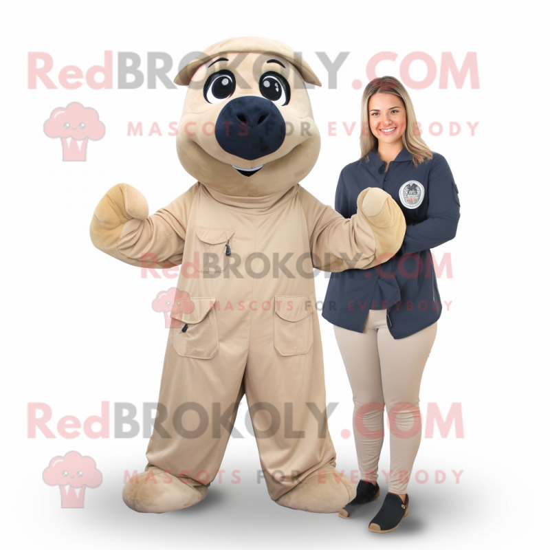 Beige Navy Seal mascot costume character dressed with a Blouse and Wraps