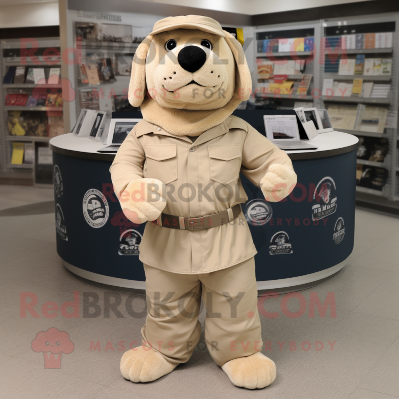 Beige Navy Seal mascot costume character dressed with a Blouse and Wraps