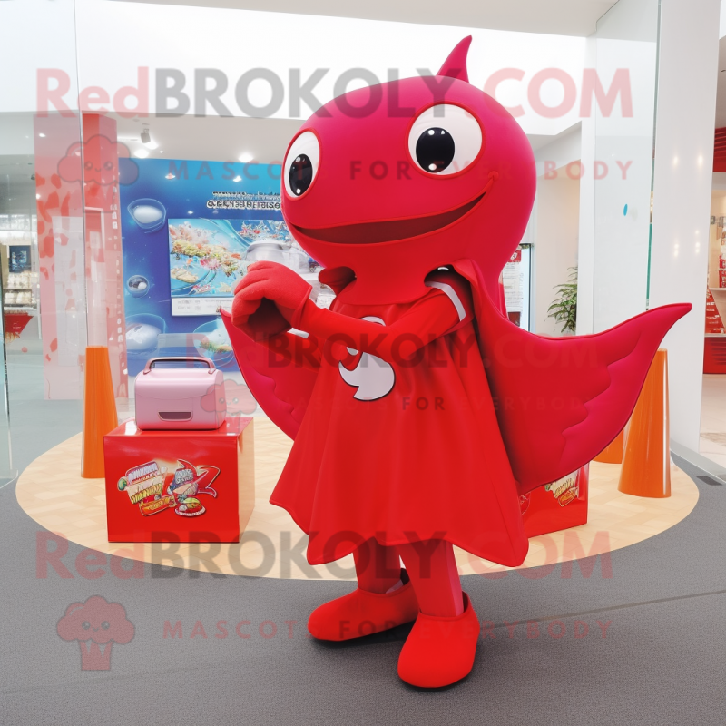 Red Manta Ray mascot costume character dressed with a Jeggings and Coin purses Red Manta Ray mascot costume character dressed with a Jeggings and Coin purses