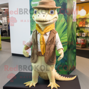 Tan Lizard mascot costume character dressed with a Waistcoat and Wraps
