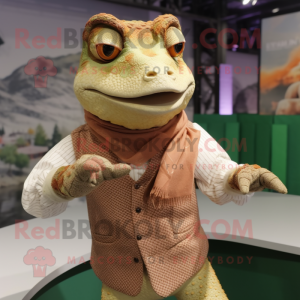 Tan Lizard mascot costume character dressed with a Waistcoat and Wraps