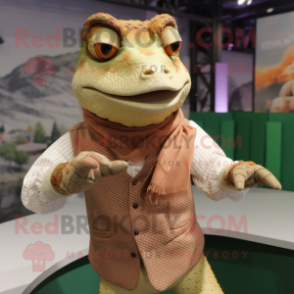 Tan Lizard mascot costume character dressed with a Waistcoat and Wraps