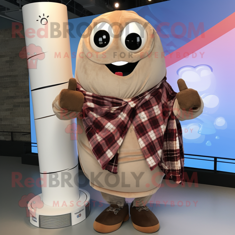 Tan Shakshuka mascot costume character dressed with a Flannel Shirt and Wraps