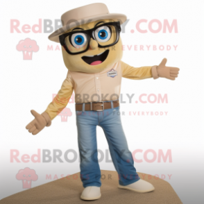 Beige Ice mascot costume character dressed with a Bootcut Jeans and Eyeglasses