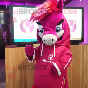 Magenta Mare mascot costume character dressed with a Sweatshirt and Shawl pins