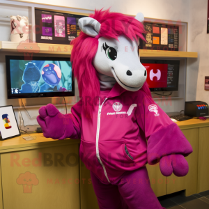 Magenta Mare mascot costume character dressed with a Sweatshirt and Shawl pins