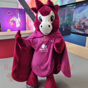 Magenta Mare mascot costume character dressed with a Sweatshirt and Shawl pins