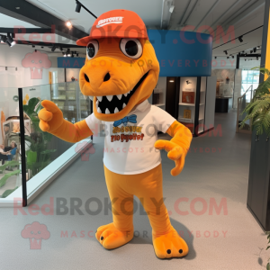 Orange Tyrannosaurus mascot costume character dressed with a Oxford Shirt and Headbands