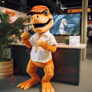 Orange Tyrannosaurus mascot costume character dressed with a Oxford Shirt and Headbands