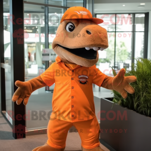 Orange Tyrannosaurus mascot costume character dressed with a Oxford Shirt and Headbands