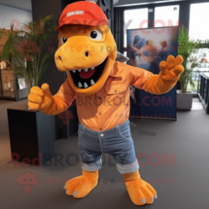 Orange Tyrannosaurus mascot costume character dressed with a Oxford Shirt and Headbands