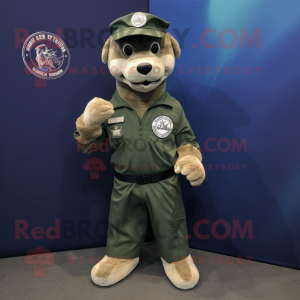 Olive Navy Seal mascot costume character dressed with a Henley Shirt and Shawl pins