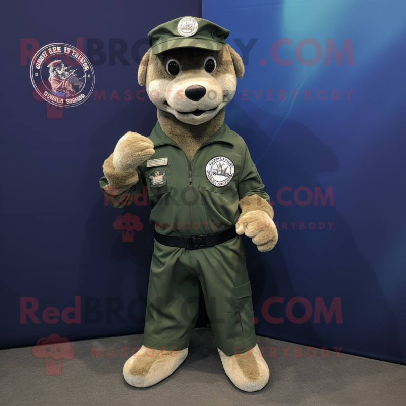 Olive Navy Seal mascot costume character dressed with a Henley Shirt and Shawl pins Olive Navy Seal mascot costume character dressed with a Henley Shirt and Shawl pins