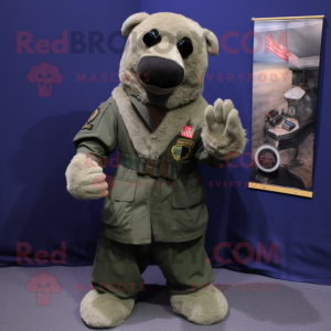 Olive Navy Seal mascot costume character dressed with a Henley Shirt and Shawl pins