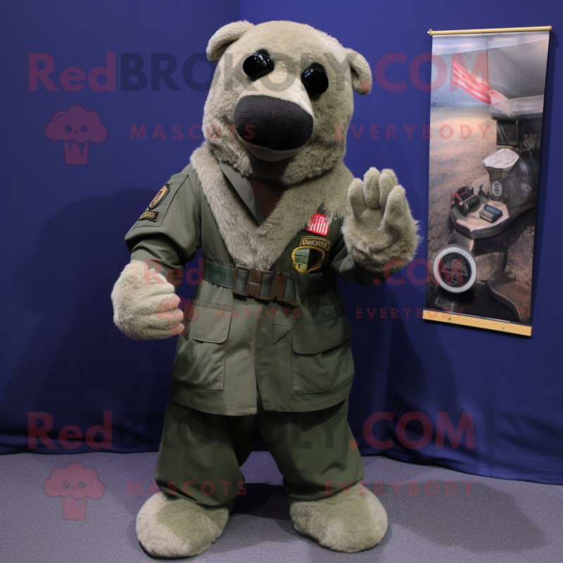 Olive Navy Seal mascot costume character dressed with a Henley Shirt and Shawl pins Olive Navy Seal mascot costume character dressed with a Henley Shirt and Shawl pins