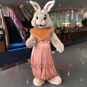 Peach Wild Rabbit mascot costume character dressed with a Evening Gown and Scarves