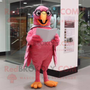 Pink Parrot mascot costume character dressed with a Dress Pants and Reading glasses
