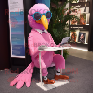 Pink Parrot mascot costume character dressed with a Dress Pants and Reading glasses