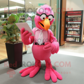 Pink Parrot mascot costume character dressed with a Dress Pants and Reading glasses