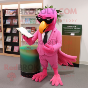 Pink Parrot mascot costume character dressed with a Dress Pants and Reading glasses