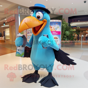Sky Blue Toucan mascot costume character dressed with a A-Line Skirt and Wallets
