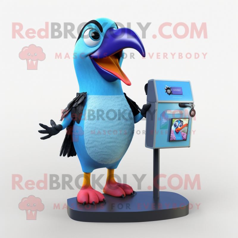 Sky Blue Toucan mascot costume character dressed with a A-Line Skirt and Wallets Sky Blue Toucan mascot costume character dressed with a A-Line Skirt and Wallets