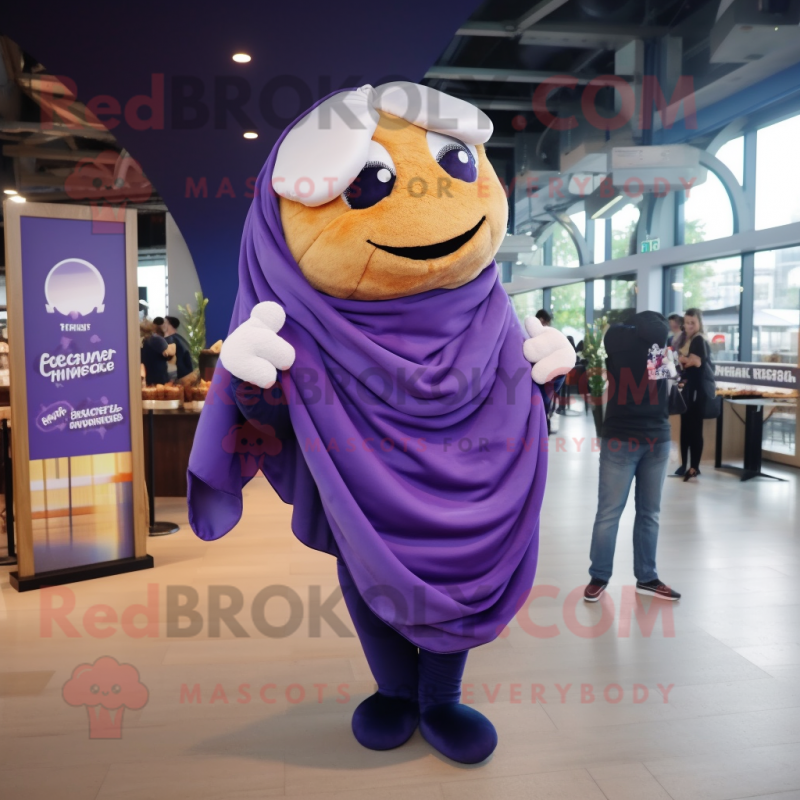 Purple Croissant mascot costume character dressed with a Poplin Shirt and Scarf clips Purple Croissant mascot costume character dressed with a Poplin Shirt and Scarf clips