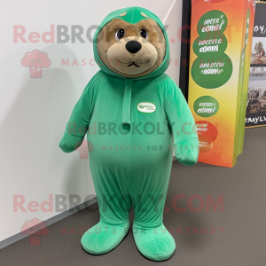 Green Sea Lion mascot costume character dressed with a Jumpsuit and Shoe laces