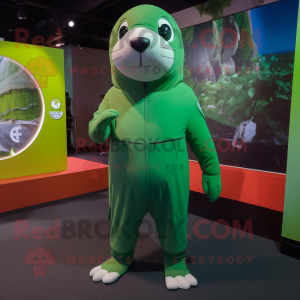Green Sea Lion mascot costume character dressed with a Jumpsuit and Shoe laces