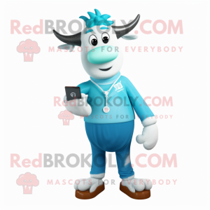 Cyan Beef Stroganoff mascot costume character dressed with a Skinny Jeans and Bracelet watches