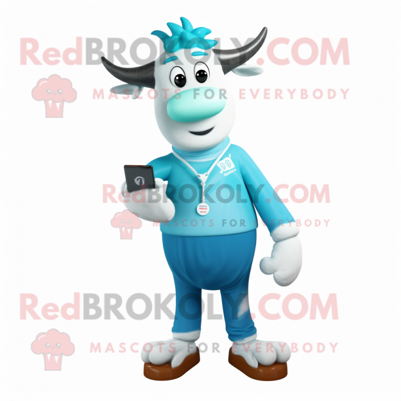 Cyan Beef Stroganoff mascot costume character dressed with a Skinny Jeans and Bracelet watches