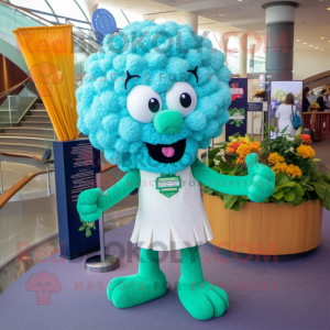Cyan Cauliflower mascot costume character dressed with a Shift Dress and Tie pins