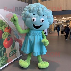 Cyan Cauliflower mascot costume character dressed with a Shift Dress and Tie pins