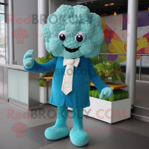 Cyan Cauliflower mascot costume character dressed with a Shift Dress and Tie pins