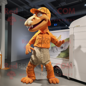 Orange Spinosaurus mascot costume character dressed with a Cargo Shorts and Hats