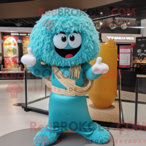 Maskotfigur av en cyan...