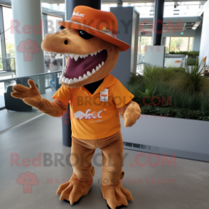 Orange Spinosaurus mascot costume character dressed with a Cargo Shorts and Hats