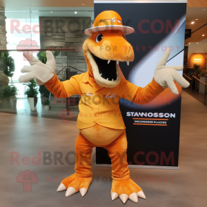 Orange Spinosaurus mascot costume character dressed with a Cargo Shorts and Hats