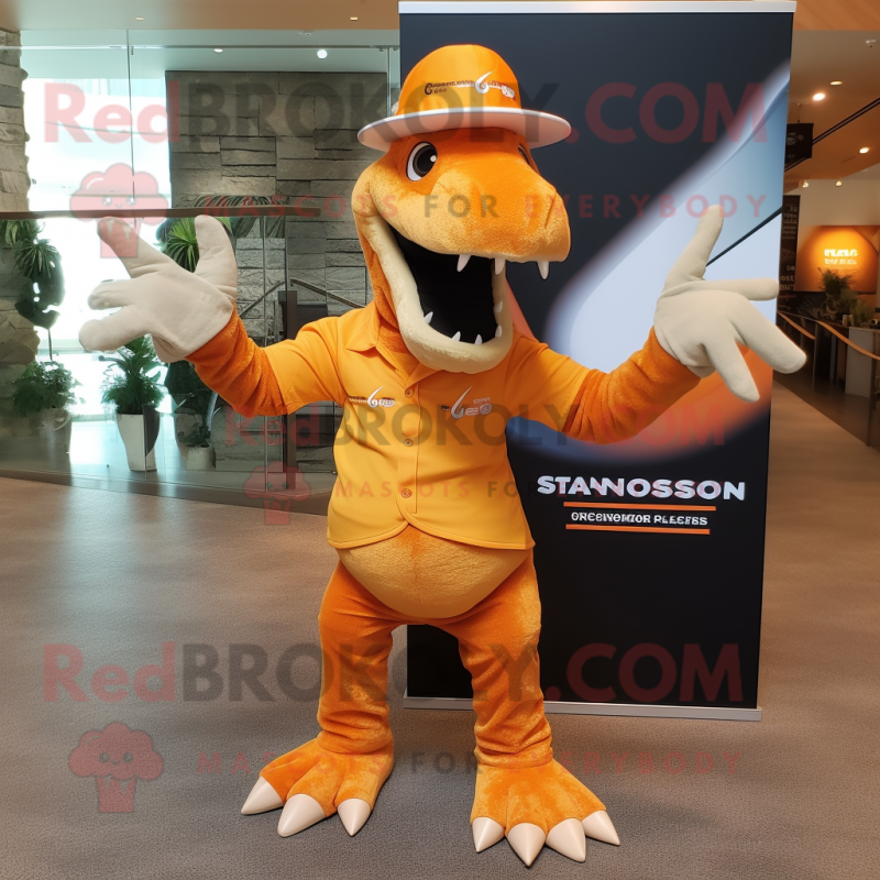 Orange Spinosaurus mascot costume character dressed with a Cargo Shorts and Hats Orange Spinosaurus mascot costume character dressed with a Cargo Shorts and Hats