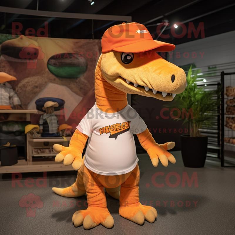 Orange Spinosaurus mascot costume character dressed with a Cargo Shorts and Hats