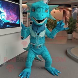 Turquoise Velociraptor mascot costume character dressed with a Playsuit and Bracelets