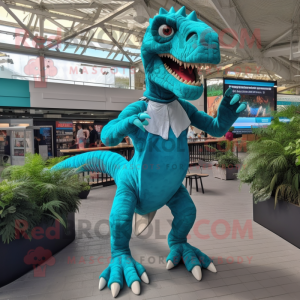 Turquoise Velociraptor mascot costume character dressed with a Playsuit and Bracelets
