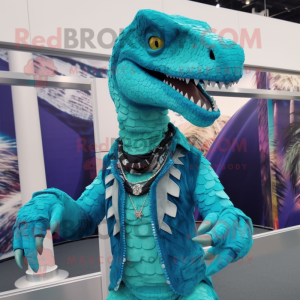 Turquoise Velociraptor mascot costume character dressed with a Playsuit and Bracelets